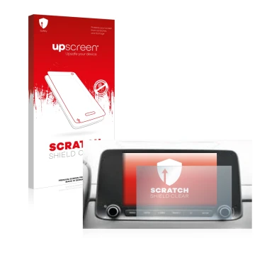 Face avant d’un emballage produit avec le logo de la marque upscreen. À côté, l’appareil Hyundai Kona 2021 Infotainment System