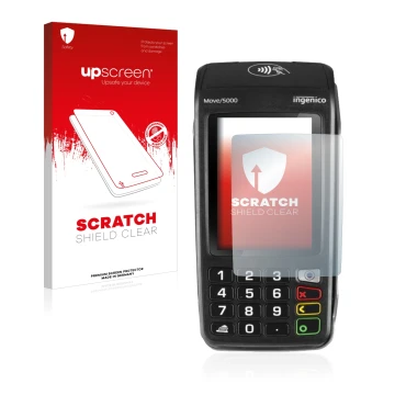 Face avant d’un emballage produit avec le logo de la marque upscreen. À côté, l’appareil ingenico Move 5000 est représenté ave