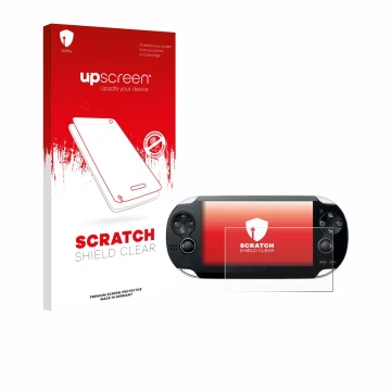 Face avant d’un emballage produit avec le logo de la marque upscreen. À côté, l’appareil Sony Playstation PS Vita est représen