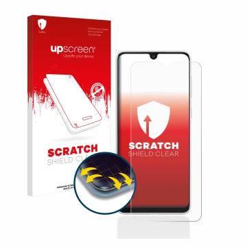 Face avant d’un emballage produit avec le logo de la marque upscreen. À côté, l’appareil Samsung Galaxy A03 est représenté ave