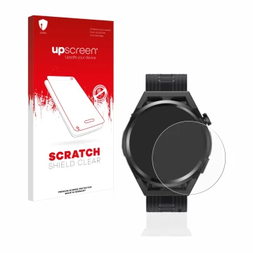 Face avant d’un emballage produit avec le logo de la marque upscreen. À côté, l’appareil Huawei Watch GT Runner est représenté