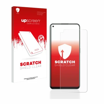 Face avant d’un emballage produit avec le logo de la marque upscreen. À côté, l’appareil realme GT 2 Pro est représenté avec l
