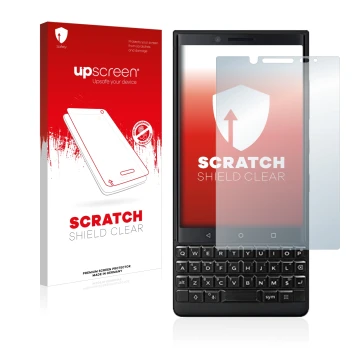 Face avant d’un emballage produit avec le logo de la marque upscreen. À côté, l’appareil BlackBerry Key2 (Dual Sim) est représ