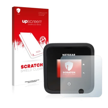 Face avant d’un emballage produit avec le logo de la marque upscreen. À côté, l’appareil Netgear Nighthawk M5 est représenté a