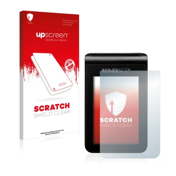 Face avant d’un emballage produit avec le logo de la marque upscreen. À côté, l’appareil REINER SCT tanJack deluxe est représe