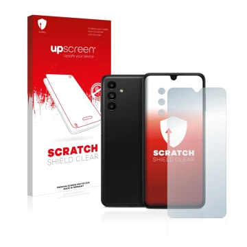 Face avant d’un emballage produit avec le logo de la marque upscreen. À côté, l’appareil Samsung Galaxy A13 5G (Avant+Caméra) 