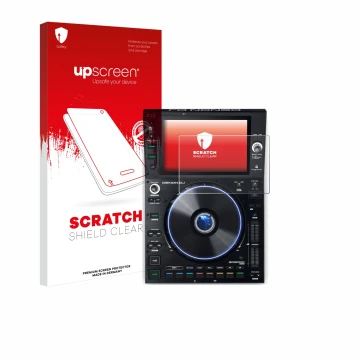 Face avant d’un emballage produit avec le logo de la marque upscreen. À côté, l’appareil Denon DJ SC6000 Prime est représenté 