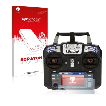 Face avant d’un emballage produit avec le logo de la marque upscreen. À côté, l’appareil FlySky FS-i6 est représenté avec la p