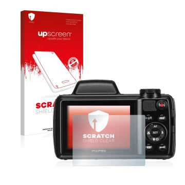 Face avant d’un emballage produit avec le logo de la marque upscreen. À côté, l’appareil Kodak Pixpro AZ525 est représenté ave