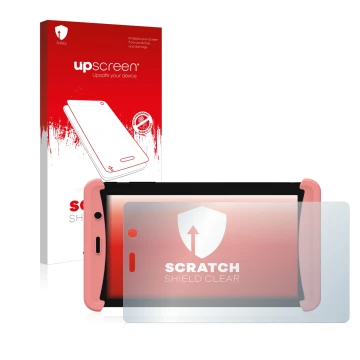 Face avant d’un emballage produit avec le logo de la marque upscreen. À côté, l’appareil Kurio Tab Lite 2 est représenté avec 