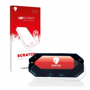 Face avant d’un emballage produit avec le logo de la marque upscreen. À côté, l’appareil Yamaha MT-07 2021 est représenté avec