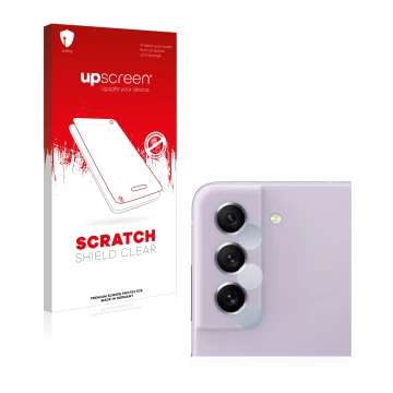 Face avant d’un emballage produit avec le logo de la marque upscreen. À côté, l’appareil Samsung Galaxy S21 FE 5G (Caméra UNIQ