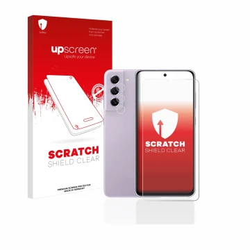 Face avant d’un emballage produit avec le logo de la marque upscreen. À côté, l’appareil Samsung Galaxy S21 FE 5G (Avant+Camér