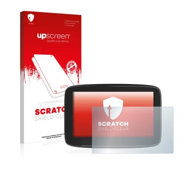 Face avant d’un emballage produit avec le logo de la marque upscreen. À côté, l’appareil TomTom GO Classic 5