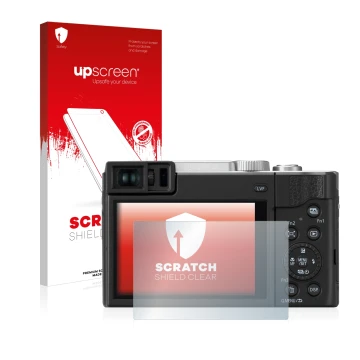 Face avant d’un emballage produit avec le logo de la marque upscreen. À côté, l’appareil Panasonic Lumix DC-TZ95 est représent