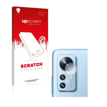 Face avant d’un emballage produit avec le logo de la marque upscreen. À côté, l’appareil Xiaomi 12 Pro (Caméra UNIQUEMENT) est