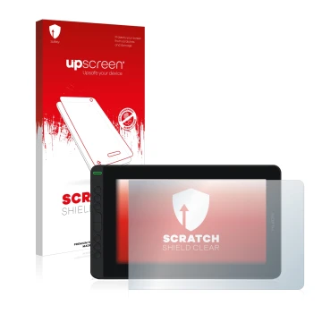 Face avant d’un emballage produit avec le logo de la marque upscreen. À côté, l’appareil Huion Kamvas 12 est représenté avec l