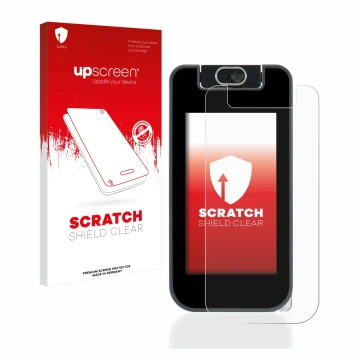 Face avant d’un emballage produit avec le logo de la marque upscreen. À côté, l’appareil Vtech Kidicom Advance 3.0 est représe