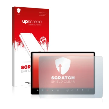 Face avant d’un emballage produit avec le logo de la marque upscreen. À côté, l’appareil Tesla Model Y Infotainment System 15.