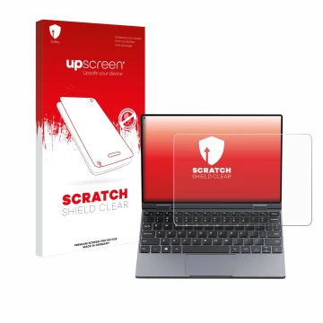 Face avant d’un emballage produit avec le logo de la marque upscreen. À côté, l’appareil Chuwi MiniBook X est représenté avec 