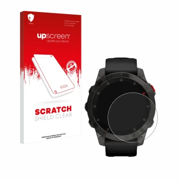 Face avant d’un emballage produit avec le logo de la marque upscreen. À côté, l’appareil Garmin epix (Gen. 2) est représenté a