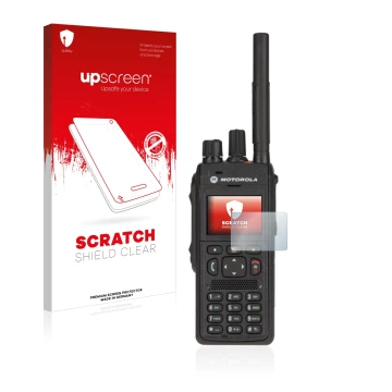 Face avant d’un emballage produit avec le logo de la marque upscreen. À côté, l’appareil Motorola MTP3550 est représenté avec 