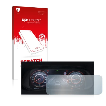 Face avant d’un emballage produit avec le logo de la marque upscreen. À côté, l’appareil Hyundai i20N 2021 Cockpit est représe