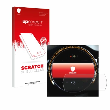 Face avant d’un emballage produit avec le logo de la marque upscreen. À côté, l’appareil Mini Cooper 2021 Infotainment System 