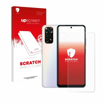 Face avant d’un emballage produit avec le logo de la marque upscreen. À côté, l’appareil Xiaomi Redmi Note 11S (Avant+Caméra) 