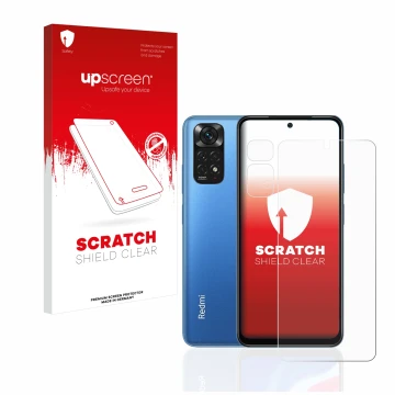 Face avant d’un emballage produit avec le logo de la marque upscreen. À côté, l’appareil Xiaomi Redmi Note 11 (Avant+Caméra) e