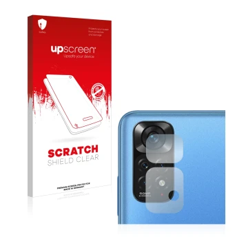 Face avant d’un emballage produit avec le logo de la marque upscreen. À côté, l’appareil Xiaomi Redmi Note 11 (Caméra UNIQUEME