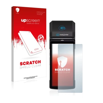 Face avant d’un emballage produit avec le logo de la marque upscreen. À côté, l’appareil Ready2order ReadyGo est représenté av
