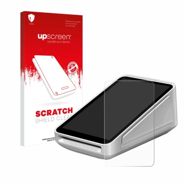 Face avant d’un emballage produit avec le logo de la marque upscreen. À côté, l’appareil Square Terminal est représenté avec l