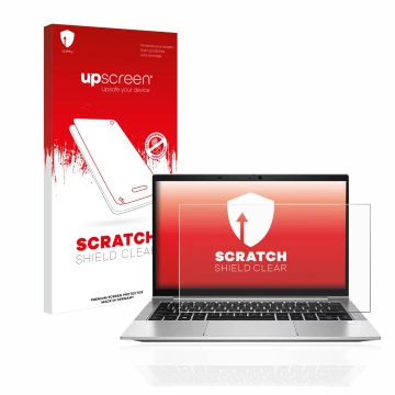 Face avant d’un emballage produit avec le logo de la marque upscreen. À côté, l’appareil HP EliteBook 830 G8 est représenté av