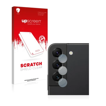 Face avant d’un emballage produit avec le logo de la marque upscreen. À côté, l’appareil Samsung Galaxy S22 5G (Caméra UNIQUEM