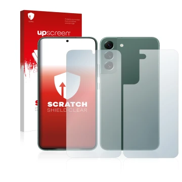 Face avant d’un emballage produit avec le logo de la marque upscreen. À côté, l’appareil Samsung Galaxy S22 Plus 5G (Avant+Arr