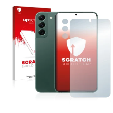 Face avant d’un emballage produit avec le logo de la marque upscreen. À côté, l’appareil Samsung Galaxy S22 Plus 5G (Avant+Cam