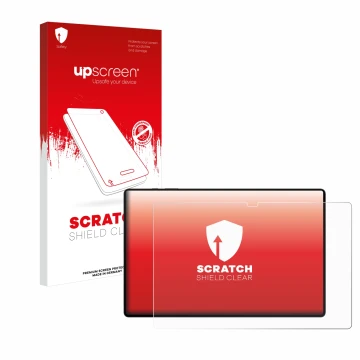 Face avant d’un emballage produit avec le logo de la marque upscreen. À côté, l’appareil Samsung Galaxy Tab S8 Ultra 5G est re