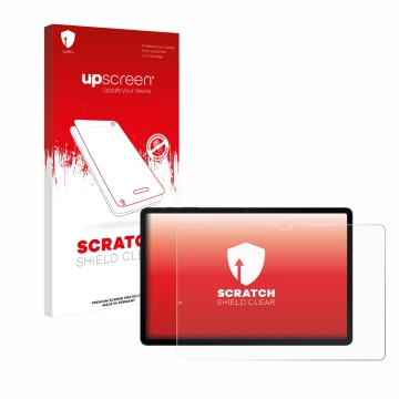 Face avant d’un emballage produit avec le logo de la marque upscreen. À côté, l’appareil Samsung Galaxy Tab S8 Plus 5G est rep