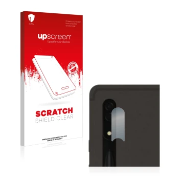 Face avant d’un emballage produit avec le logo de la marque upscreen. À côté, l’appareil Samsung Galaxy Tab S8 Ultra 5G (Camér