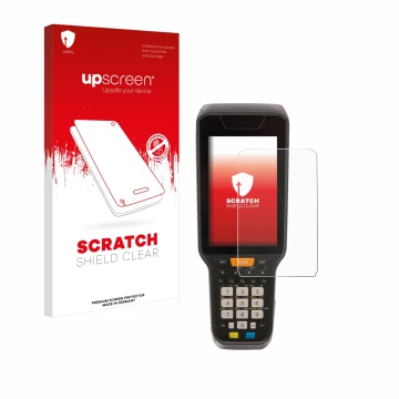 Face avant d’un emballage produit avec le logo de la marque upscreen. À côté, l’appareil Datalogic Skorpio X5 est représenté a