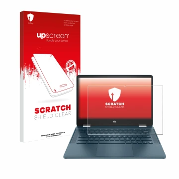 Face avant d’un emballage produit avec le logo de la marque upscreen. À côté, l’appareil HP Chromebook x360 (14b-cbX) est repr