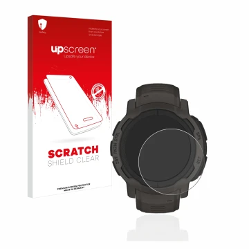 Face avant d’un emballage produit avec le logo de la marque upscreen. À côté, l’appareil Garmin Instinct 2 est représenté avec