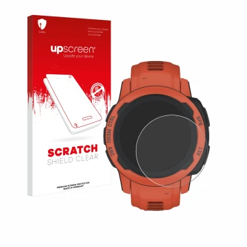 Face avant d’un emballage produit avec le logo de la marque upscreen. À côté, l’appareil Garmin Instinct 2S est représenté ave