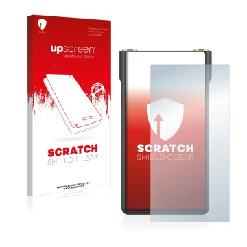 Face avant d’un emballage produit avec le logo de la marque upscreen. À côté, l’appareil Sony Walkman NW-WM1AM2 est représenté