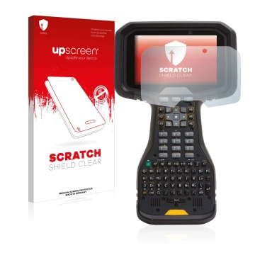 Face avant d’un emballage produit avec le logo de la marque upscreen. À côté, l’appareil Trimble TSC5 est représenté avec la p