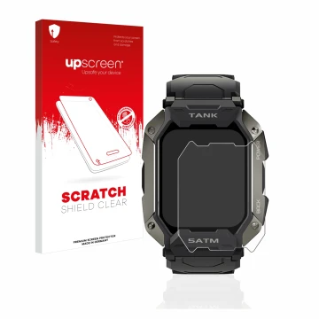 Face avant d’un emballage produit avec le logo de la marque upscreen. À côté, l’appareil Kospet Tank M1 est représenté avec la