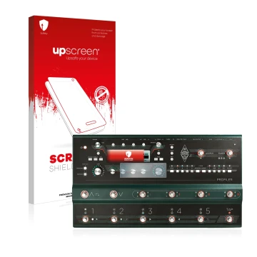 Face avant d’un emballage produit avec le logo de la marque upscreen. À côté, l’appareil Kemper Profiler Stage est représenté 