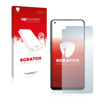 Face avant d’un emballage produit avec le logo de la marque upscreen. À côté, l’appareil realme 9 Pro Plus est représenté avec