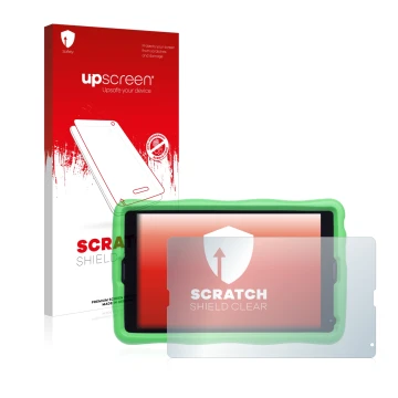 Face avant d’un emballage produit avec le logo de la marque upscreen. À côté, l’appareil MEDION Lifetab E10440 Kids est représ